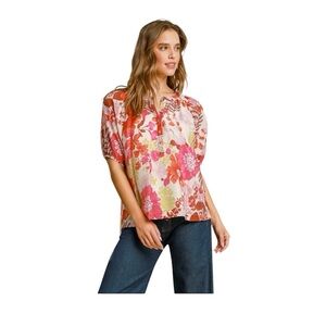 Umgee Crimson Kissed Top Puff Sleeve Blouse Floral Flowers Pink Red Size Large